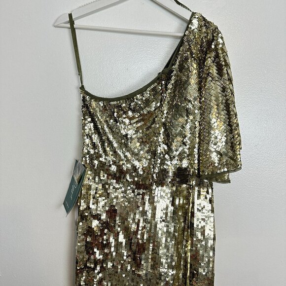 MAC DUGGAL One-Shoulder Sequin Column Gown in Gold Size US 12 NWT - Picture 11 of 15